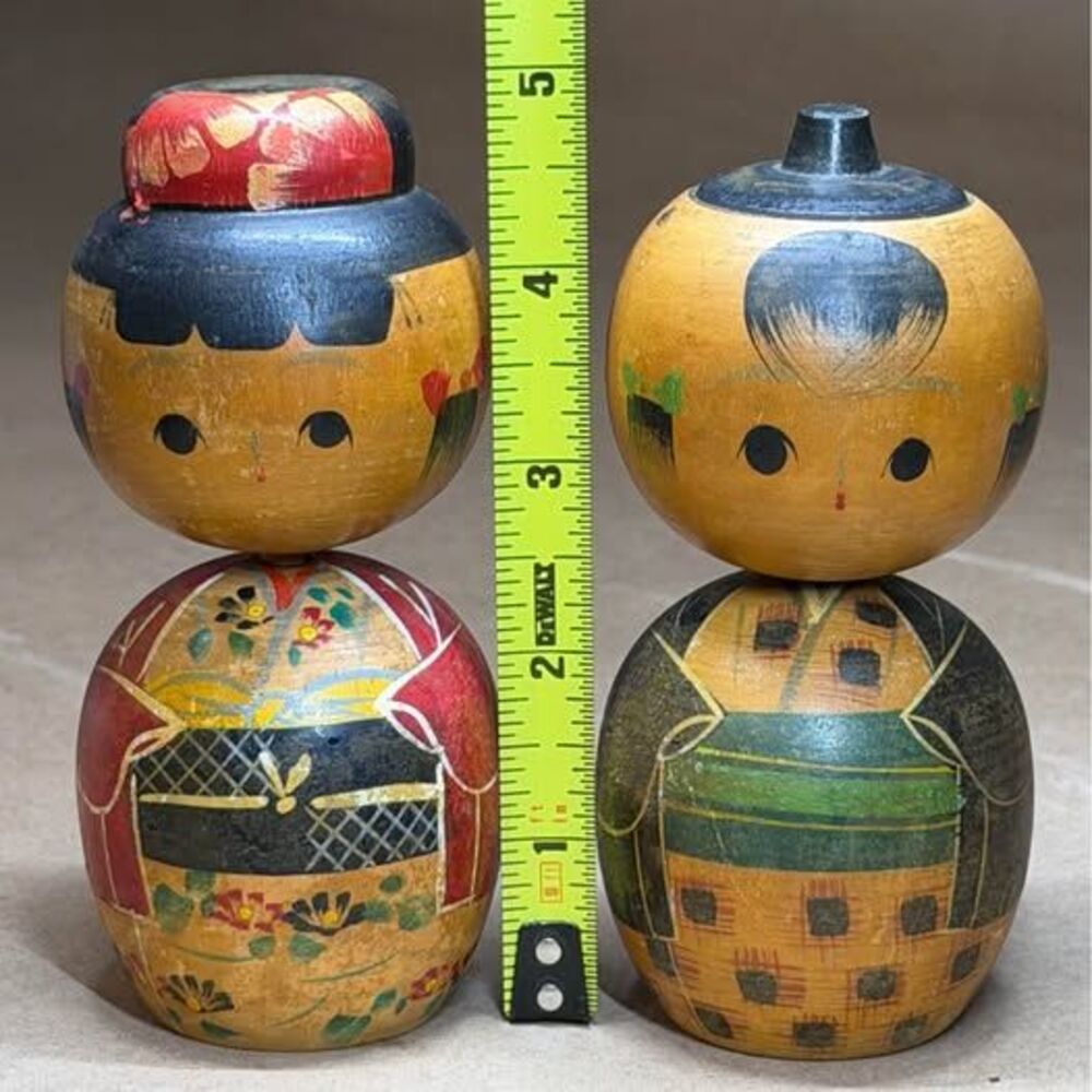 Vintage Japanese Kokeshi Wooden Dolls Set of 2 – Hand Painted Folk Art
